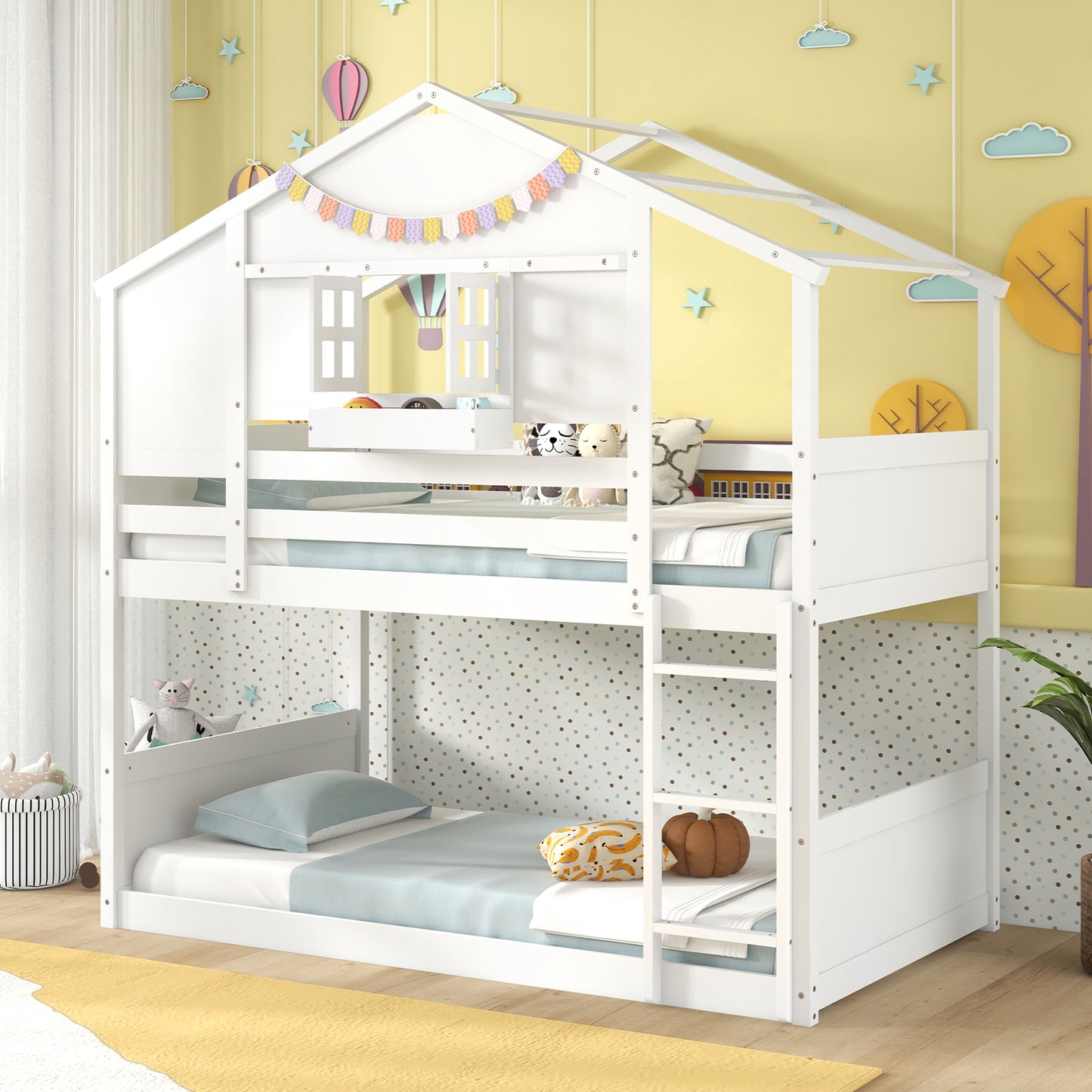 Twin Over Twin Bunk Bed for Kids with Roof and Lockable Window, White Toddler Beds at Gallery Canada