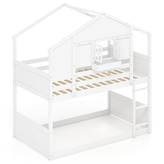 Twin Over Twin Bunk Bed, With Roof And Lockable Window, White