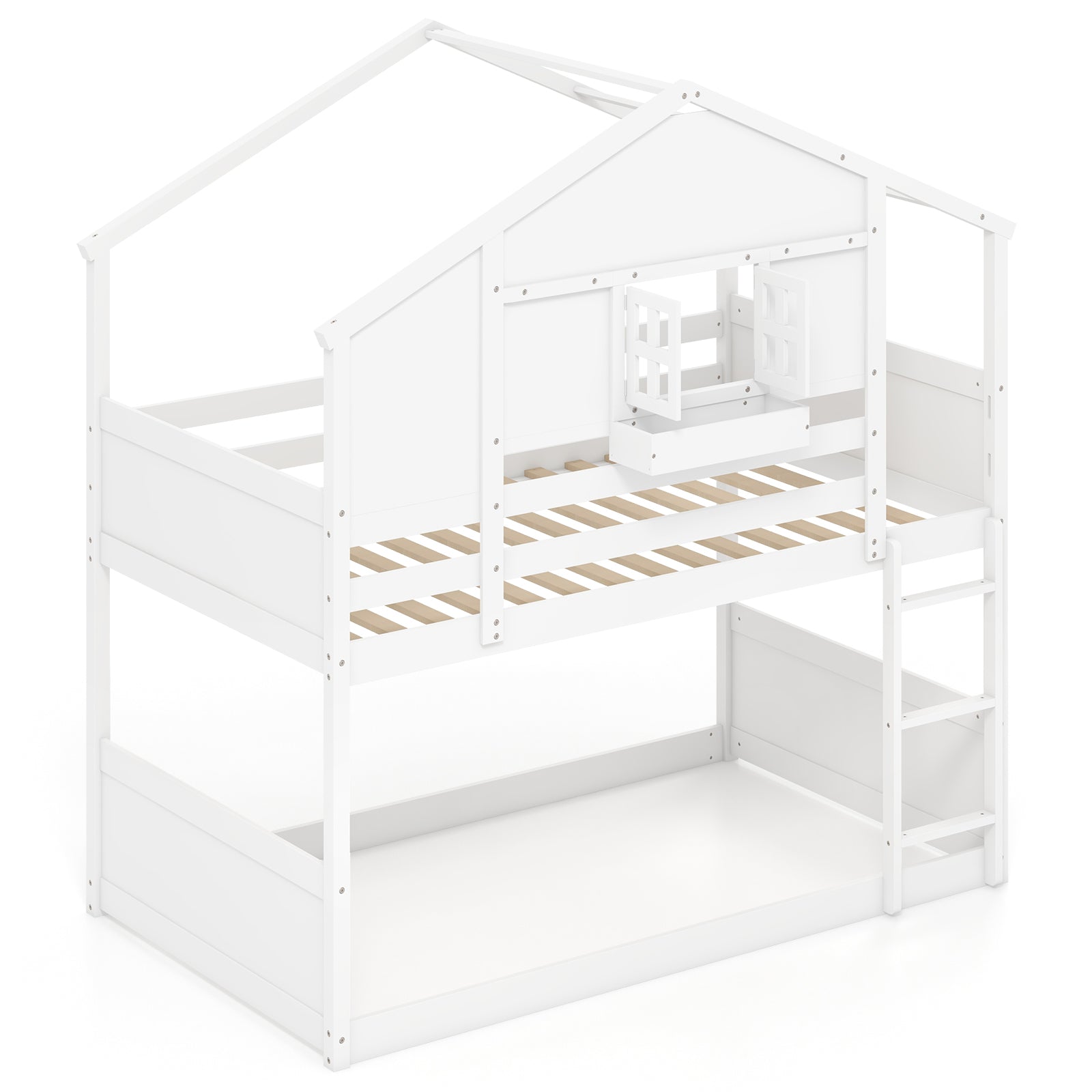 Twin Over Twin Bunk Bed, With Roof And Lockable Window, White Toddler Beds White at Gallery Canada