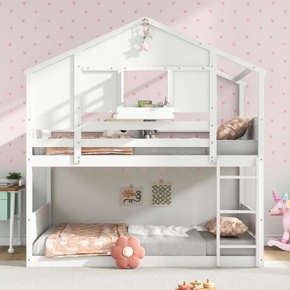 Twin Over Twin Bunk Bed for Kids with Roof and Lockable Window, White Toddler Beds at Gallery Canada
