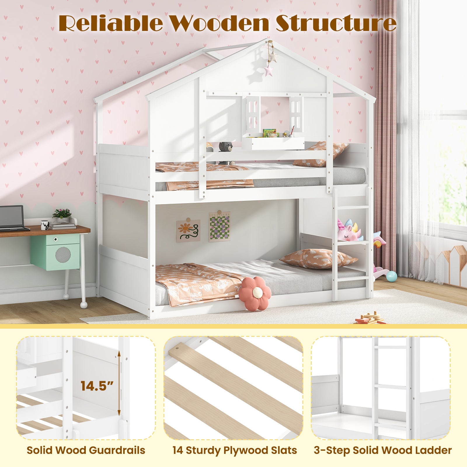 Twin Over Twin Bunk Bed for Kids with Roof and Lockable Window, White Toddler Beds at Gallery Canada