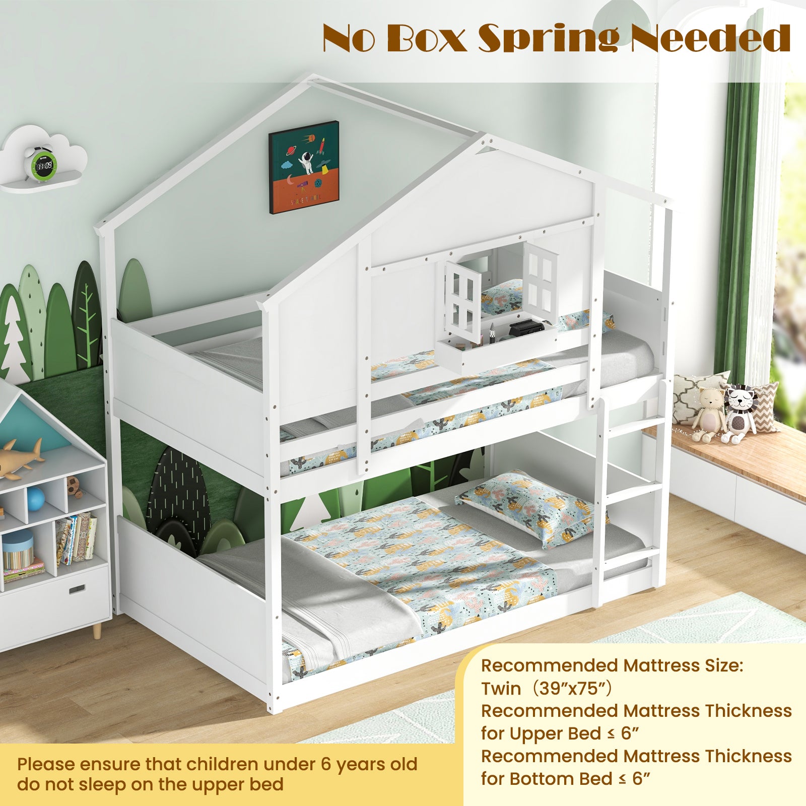Twin Over Twin Bunk Bed for Kids with Roof and Lockable Window, White Toddler Beds at Gallery Canada