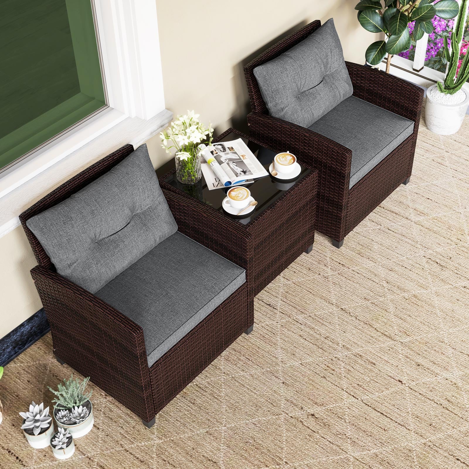 3 Pieces Rattan Patio Furniture Set with Washable Cushion, Gray Patio Conversation Sets at Gallery Canada