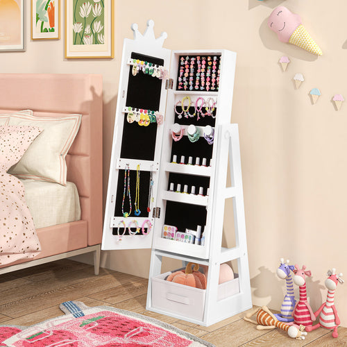 Free-Standing Full Length Kids Jewelry Armoire Cabinet with Storage Capacity, White