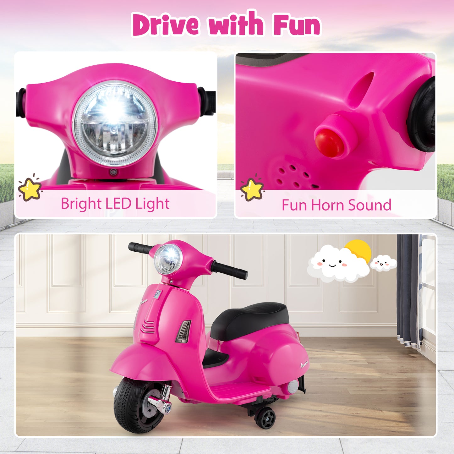 Kids Ride On Motorcycle With LED Headlight, Horn Sound, Pink