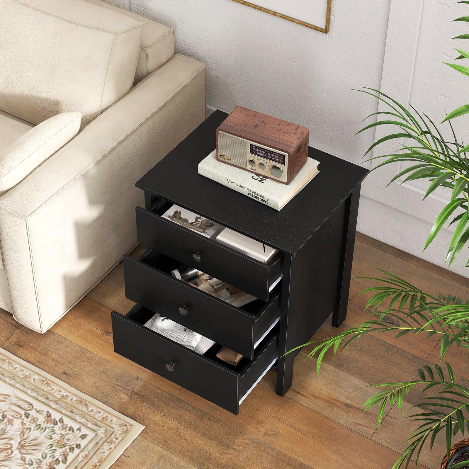 3-Drawer Wooden Nightstand Modern Bedside Table, Black Nightstands at Gallery Canada