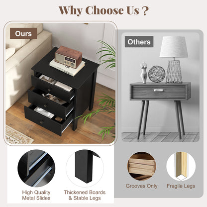 3-Drawer Wooden Nightstand Modern Bedside Table, Black Nightstands at Gallery Canada