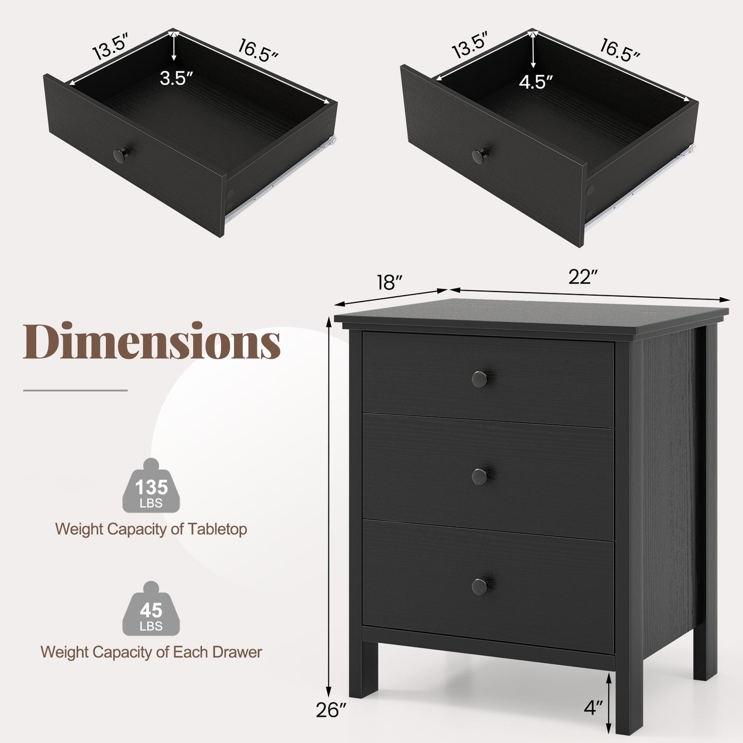 3-Drawer Wooden Nightstand Modern Bedside Table, Black Nightstands at Gallery Canada