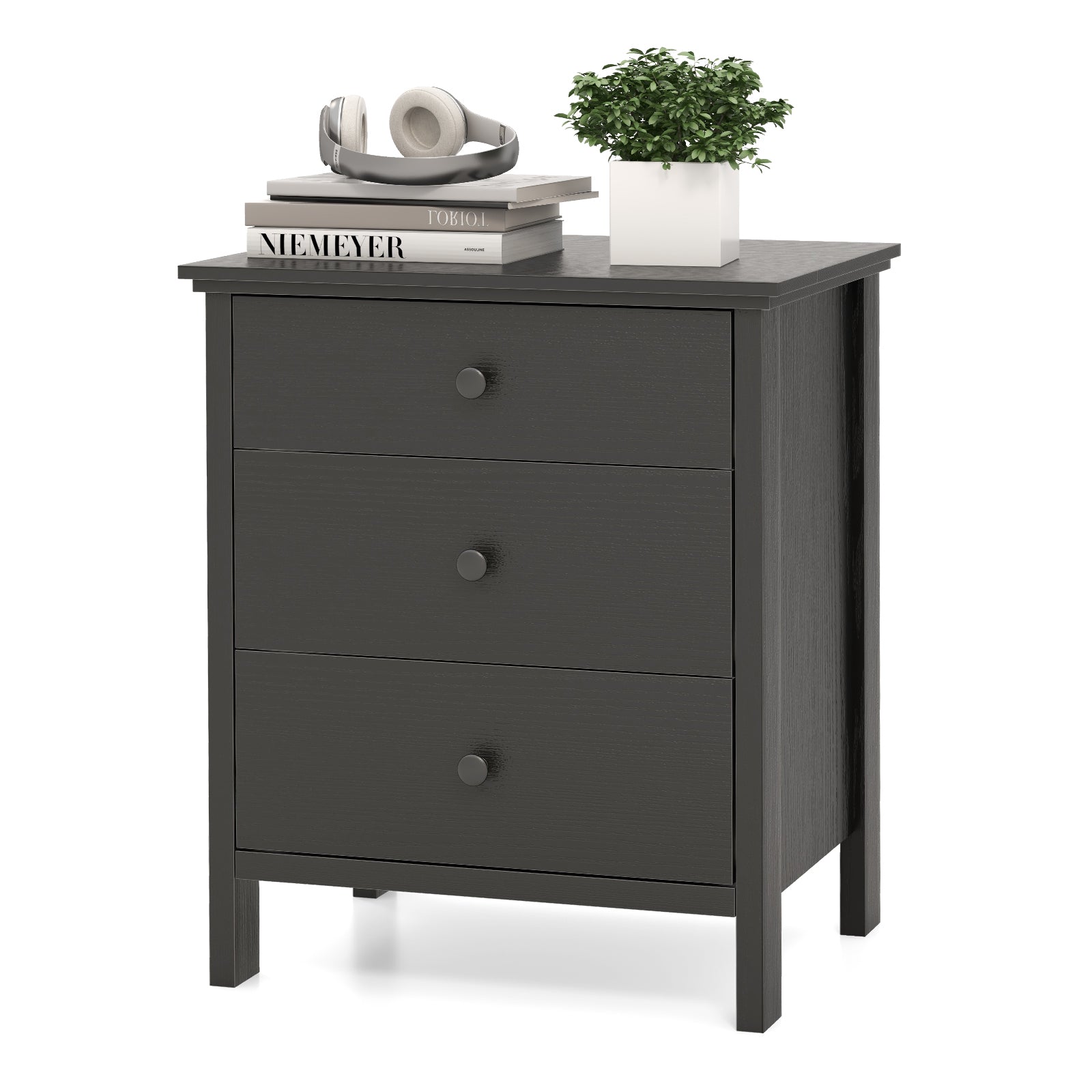 3-Drawer Wooden Nightstand Modern Bedside Table, Black Nightstands at Gallery Canada