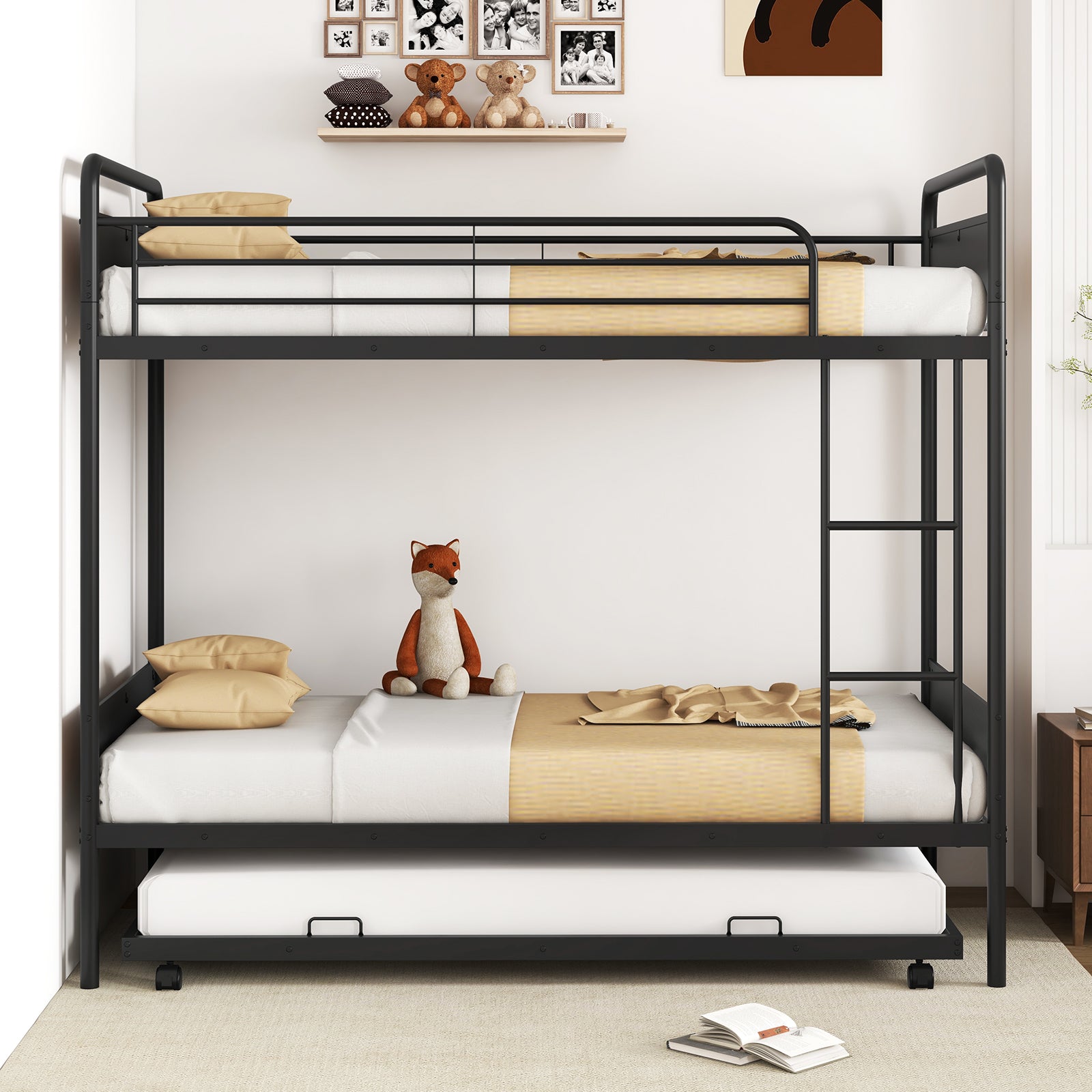 Twin Over Twin Bunk Bed with Trundle with Ladder and Full-length Guardrails, Black Trundle Bed Frame at Gallery Canada