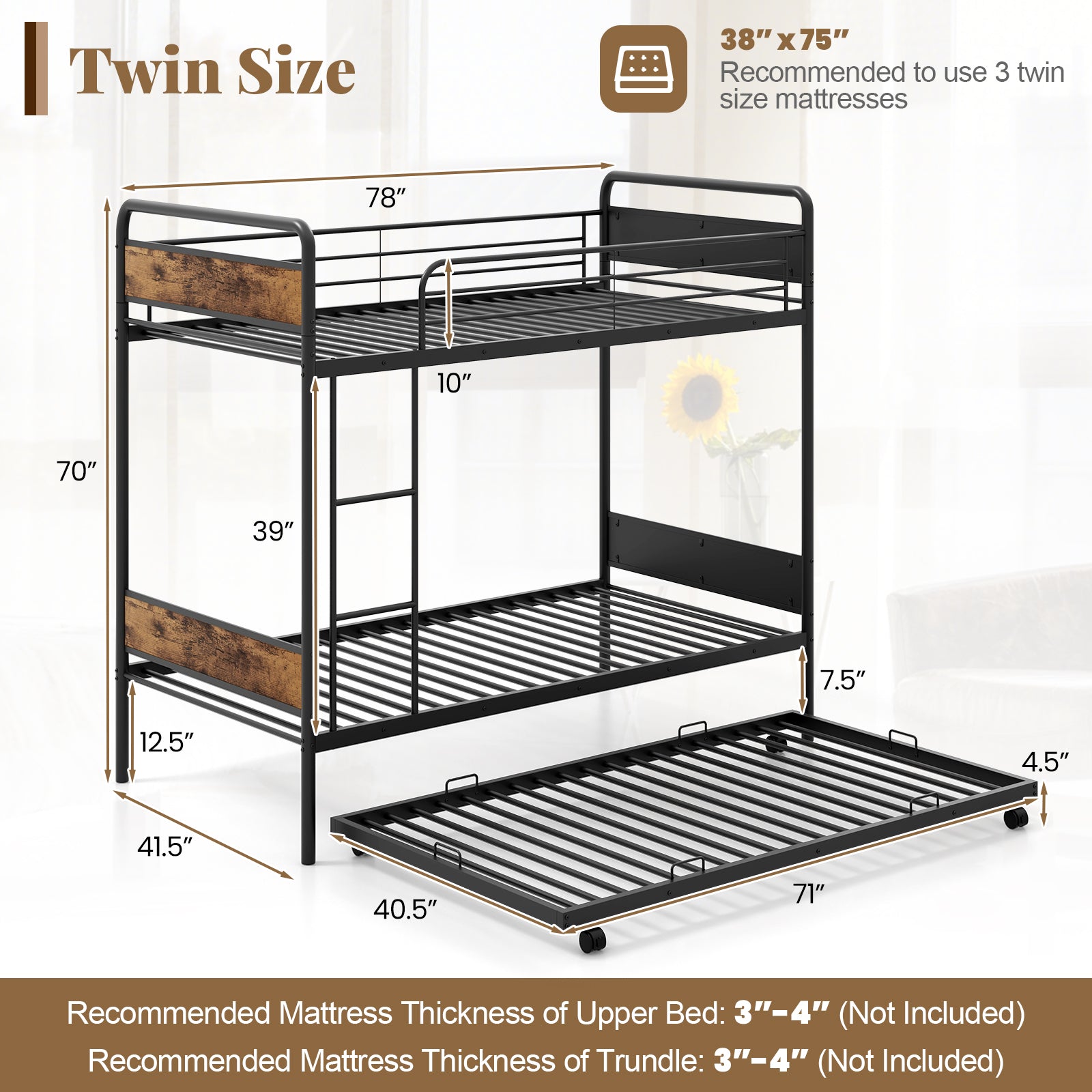 Twin Over Twin Bunk Bed with Trundle with Ladder and Full-length Guardrails, Black Trundle Bed Frame at Gallery Canada