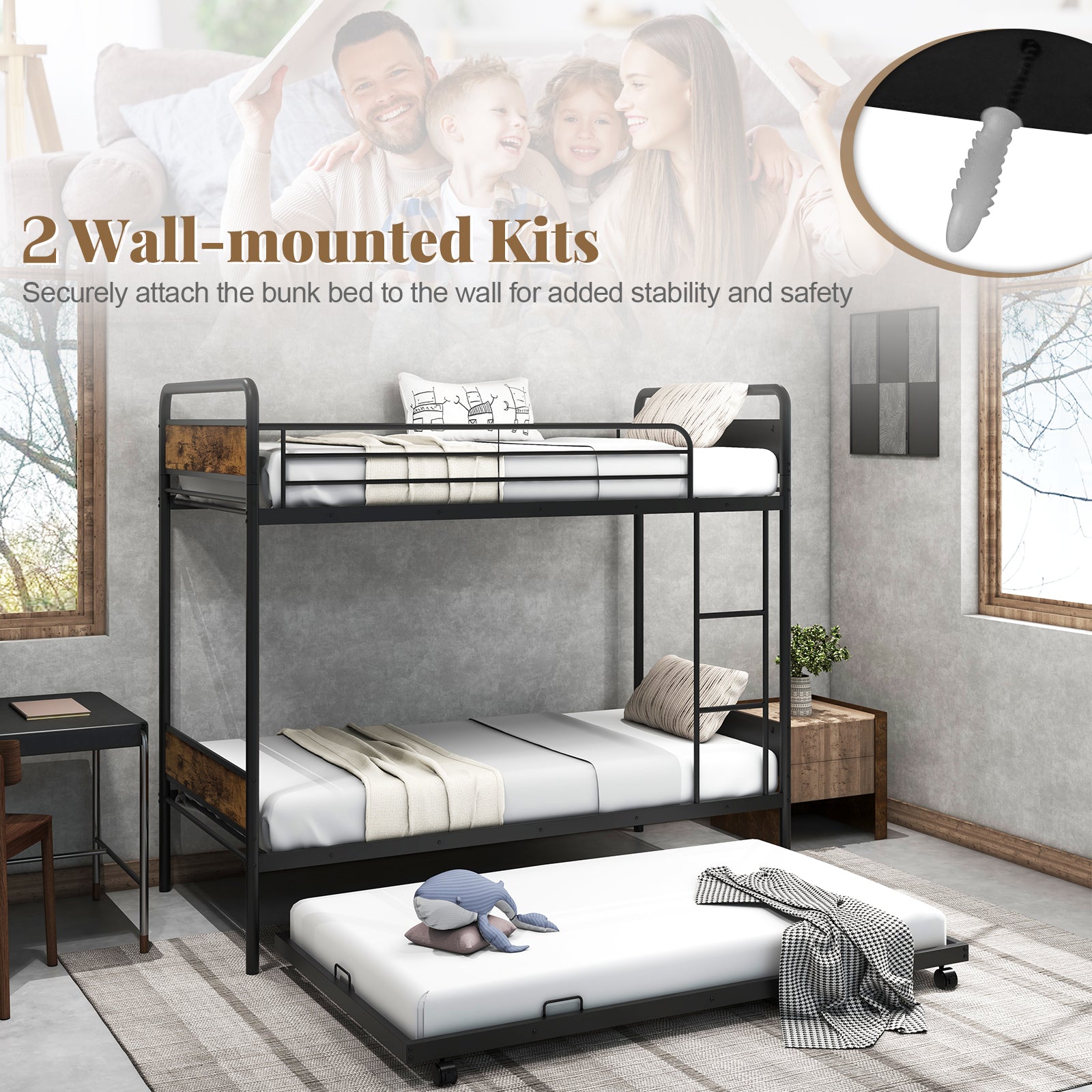 Twin Over Twin Bunk Bed with Trundle with Ladder and Full-length Guardrails, Black Trundle Bed Frame at Gallery Canada