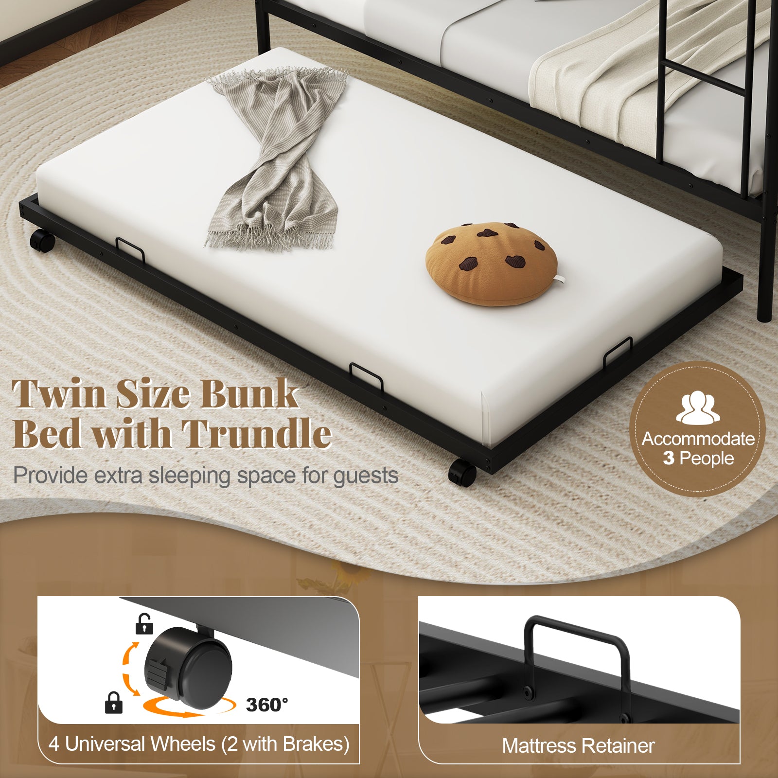 Twin Over Twin Bunk Bed with Trundle with Ladder and Full-length Guardrails, Black Trundle Bed Frame at Gallery Canada