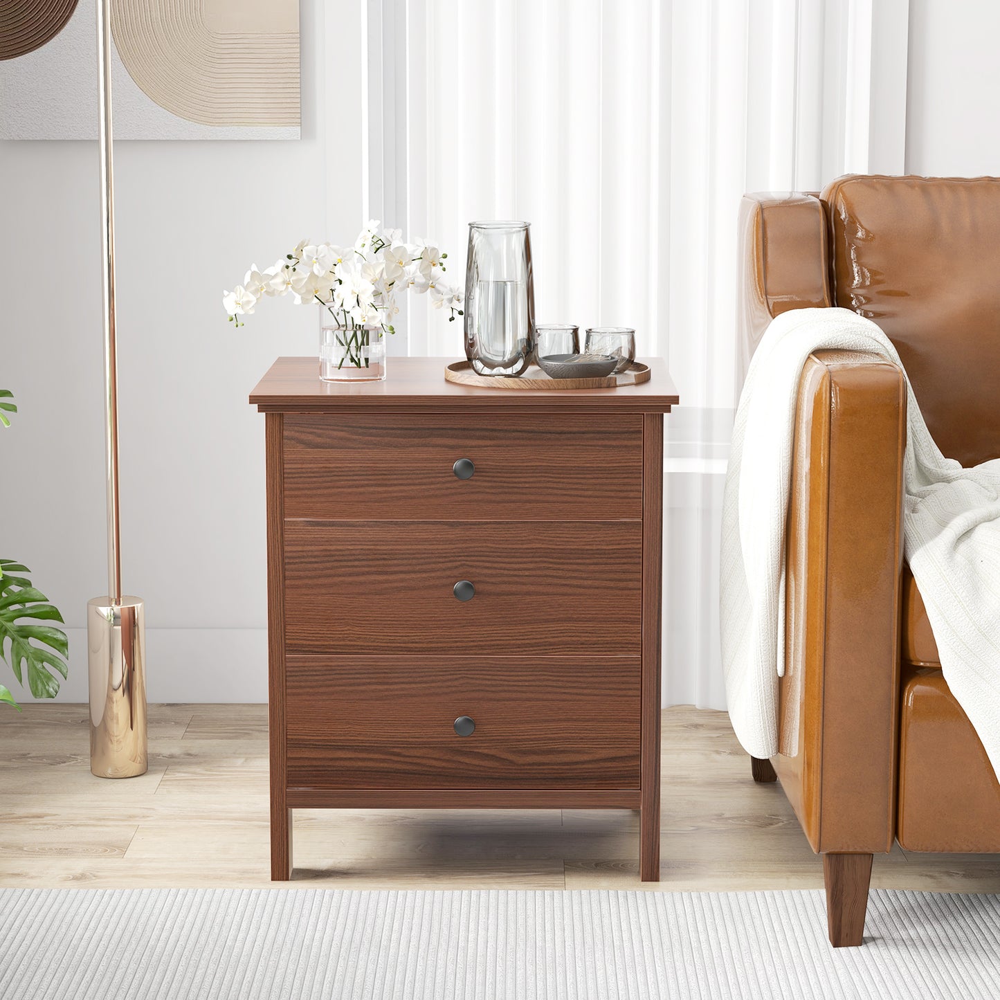 3-Drawer Wooden Nightstand Modern Bedside Table, Brown Nightstands at Gallery Canada