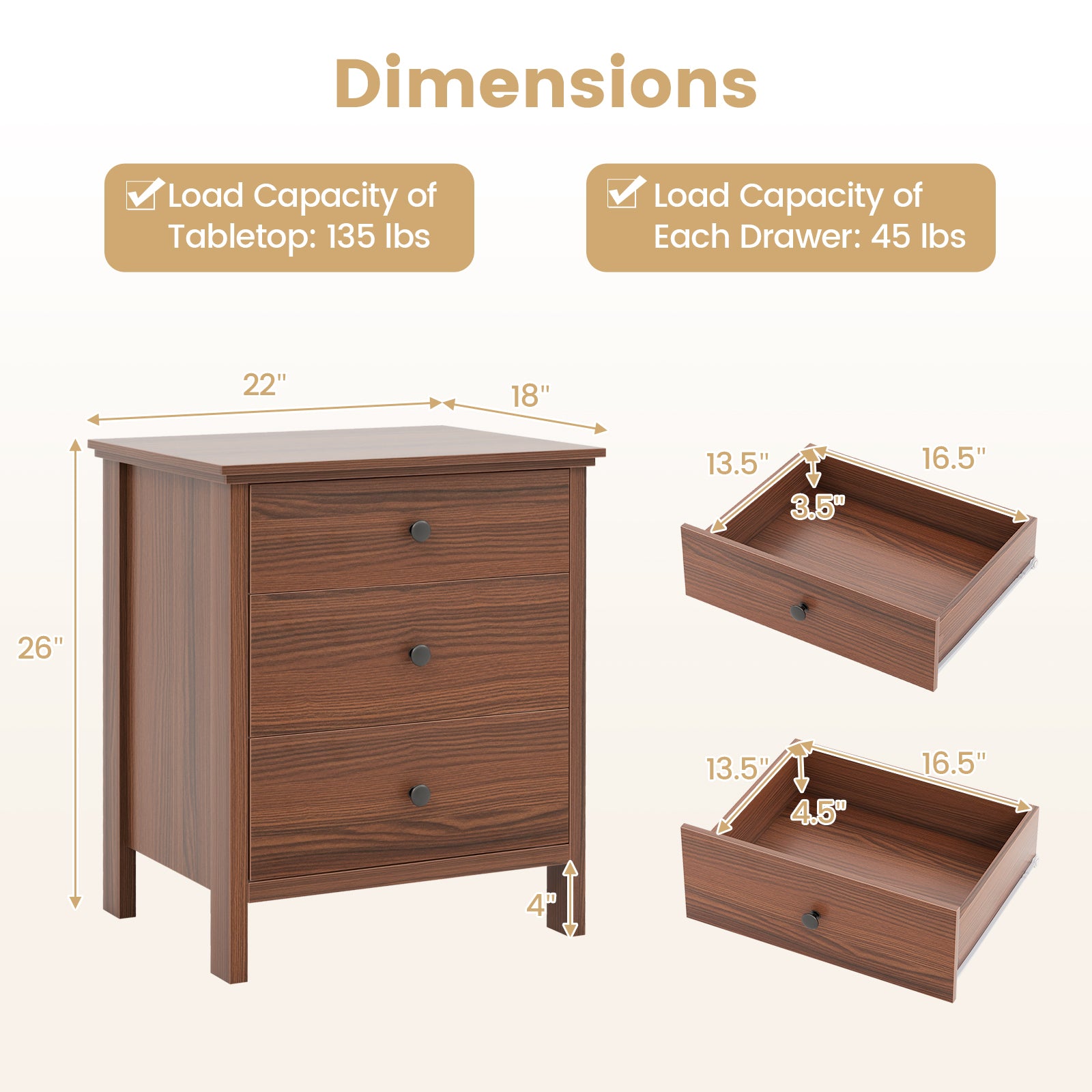 3-Drawer Wooden Nightstand Modern Bedside Table, Brown Nightstands at Gallery Canada