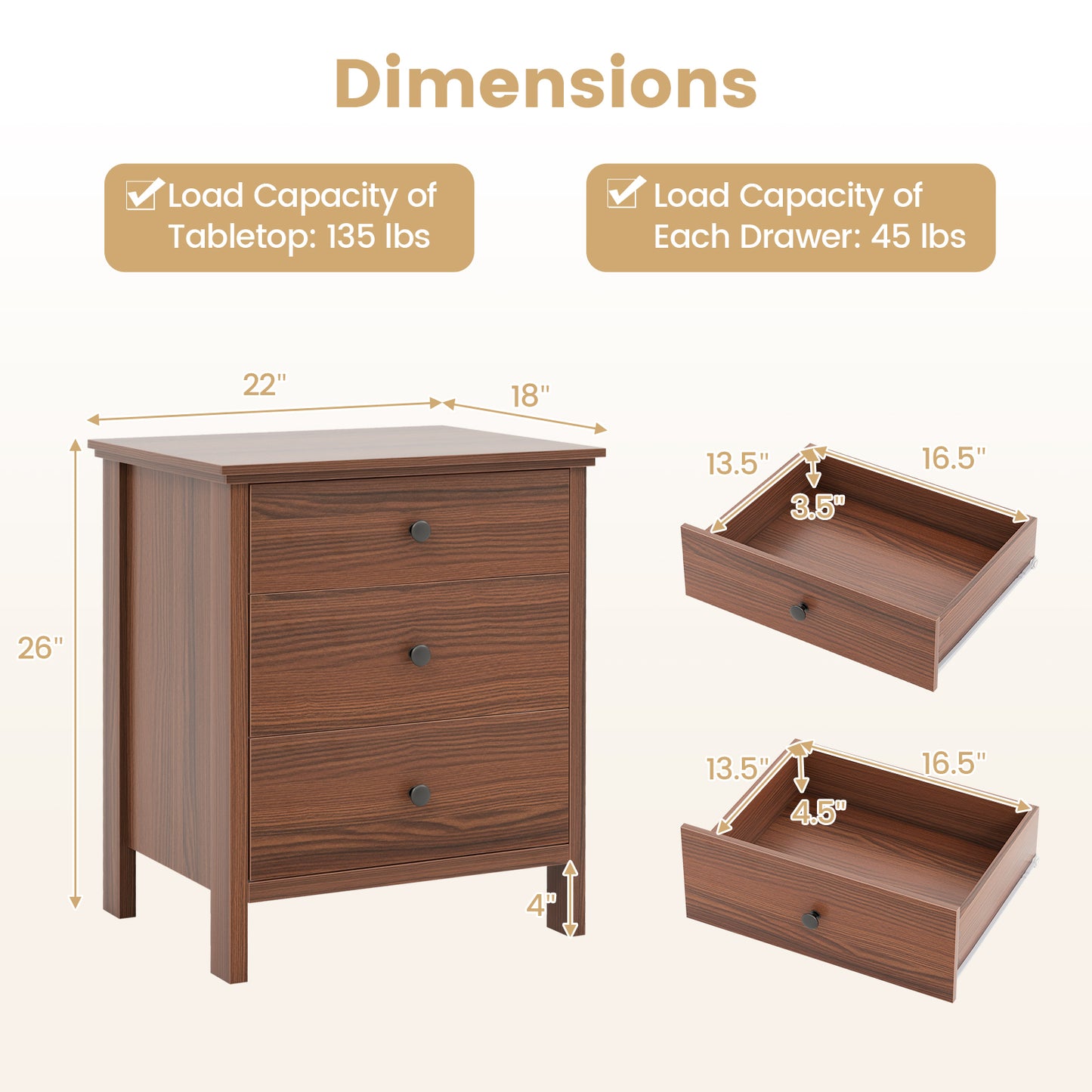 3-Drawer Wooden Nightstand Modern Bedside Table, Brown Nightstands at Gallery Canada