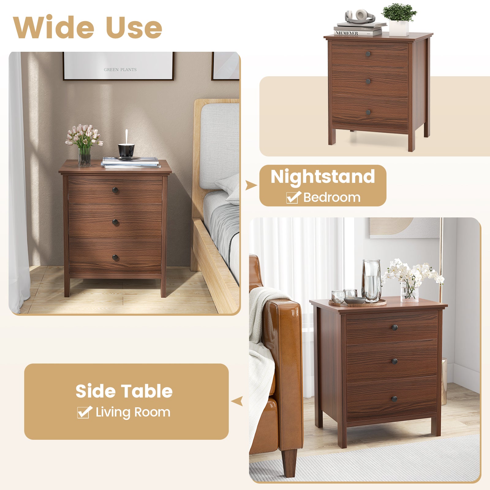 3-Drawer Wooden Nightstand Modern Bedside Table, Brown Nightstands at Gallery Canada