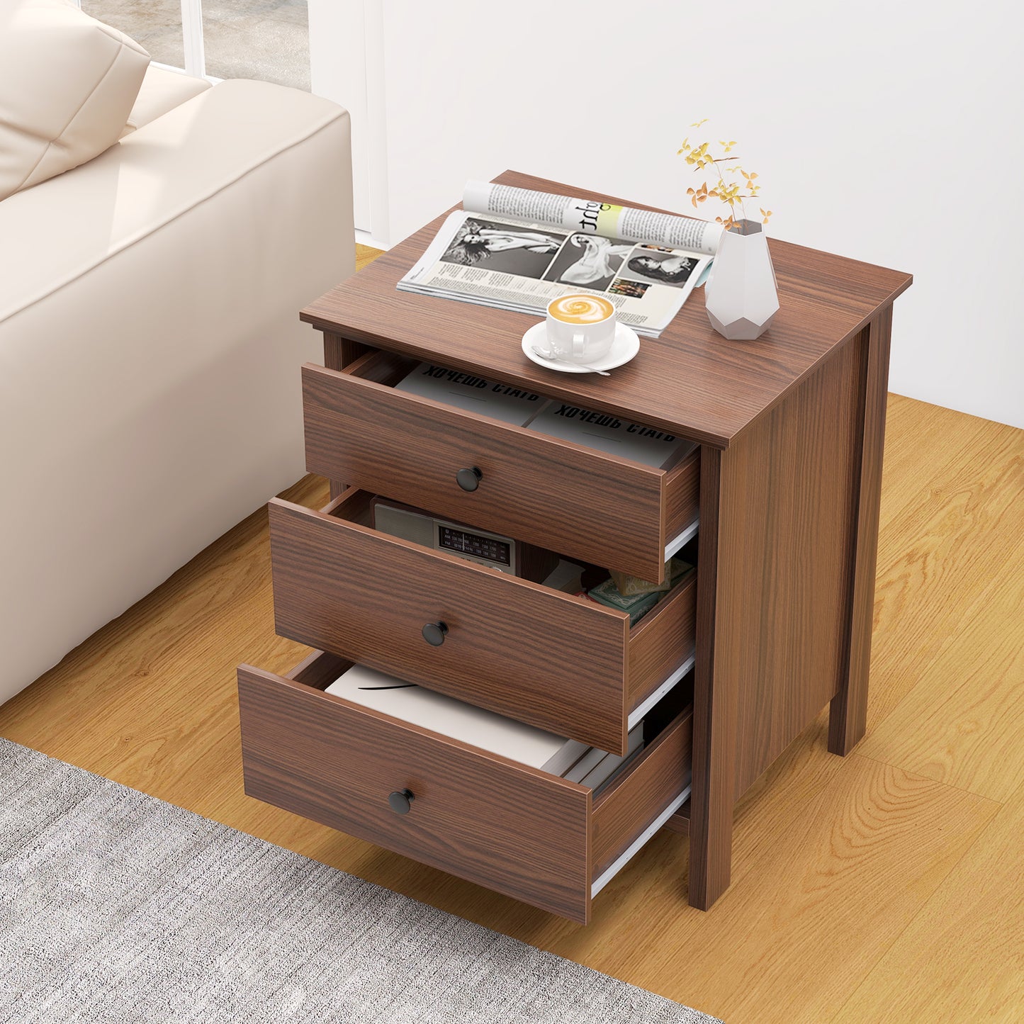 3-Drawer Wooden Nightstand Modern Bedside Table, Brown Nightstands at Gallery Canada
