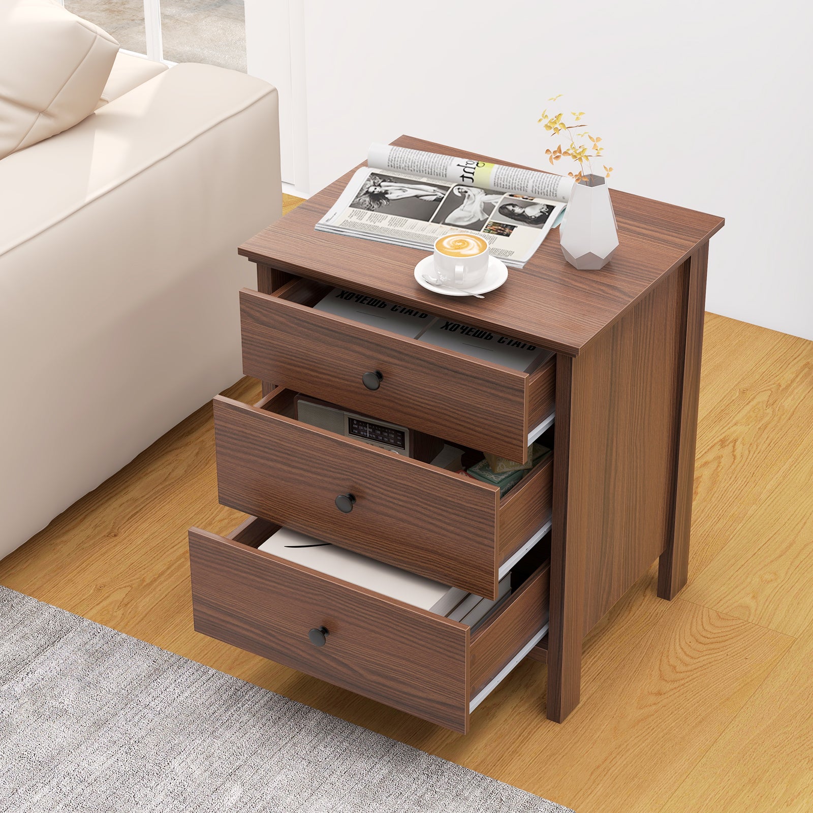 3-Drawer Wooden Nightstand Modern Bedside Table, Brown Nightstands at Gallery Canada