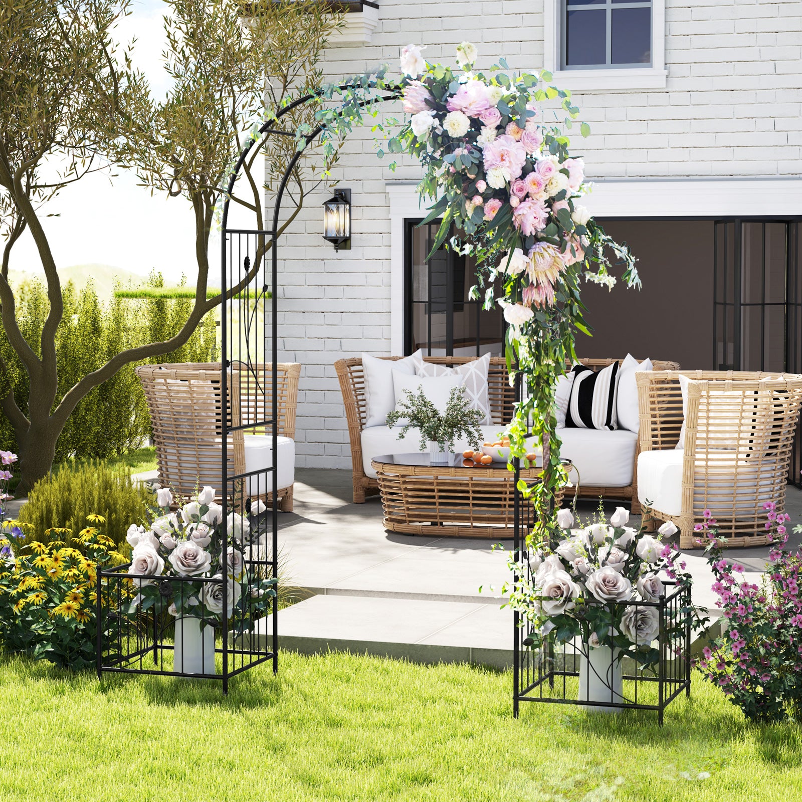 2 in 1 Garden Arbor with 2 Side Planters and 8 Ground Stakes, Black Outdoor Grills at Gallery Canada