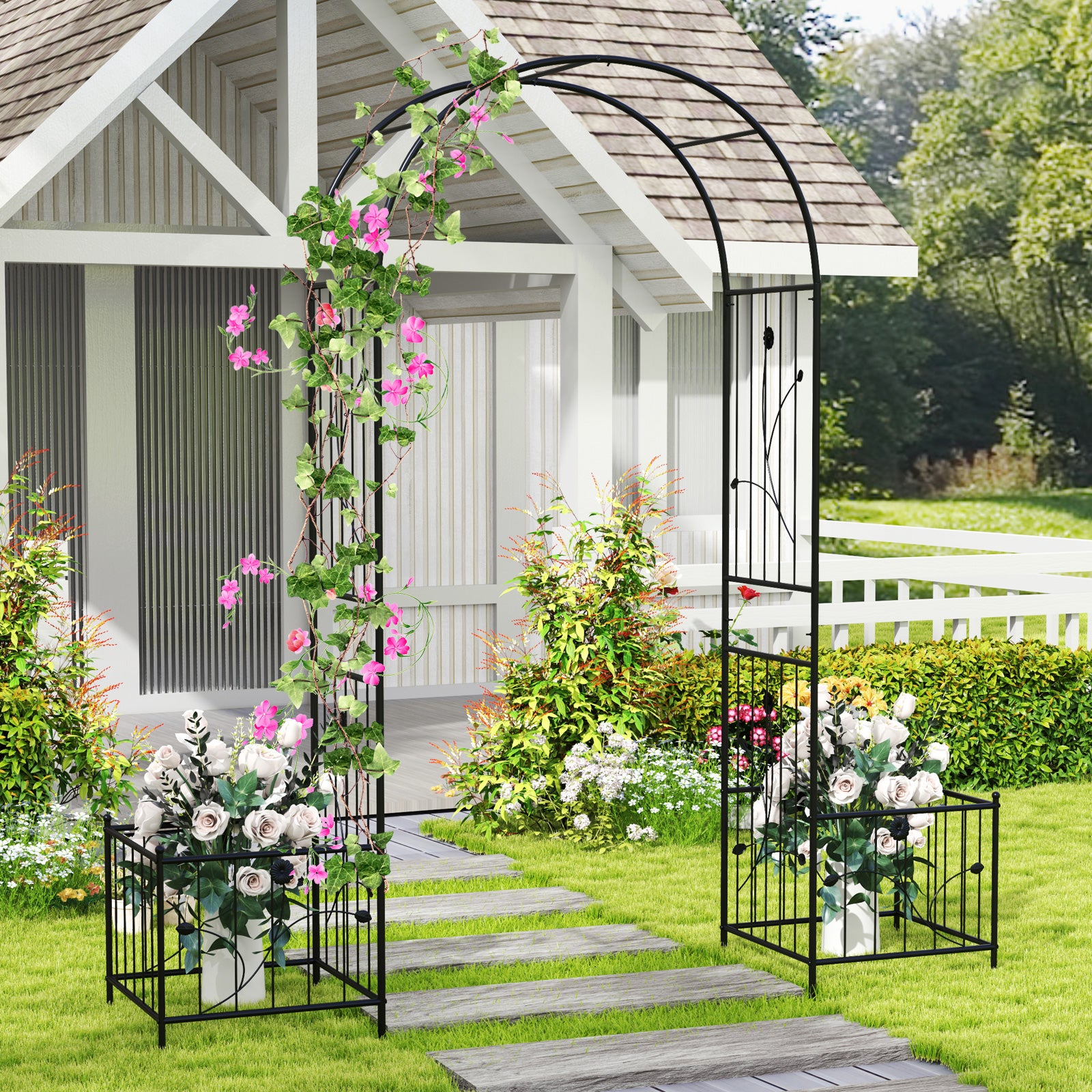 2 in 1 Garden Arbor with 2 Side Planters and 8 Ground Stakes, Black Outdoor Grills at Gallery Canada