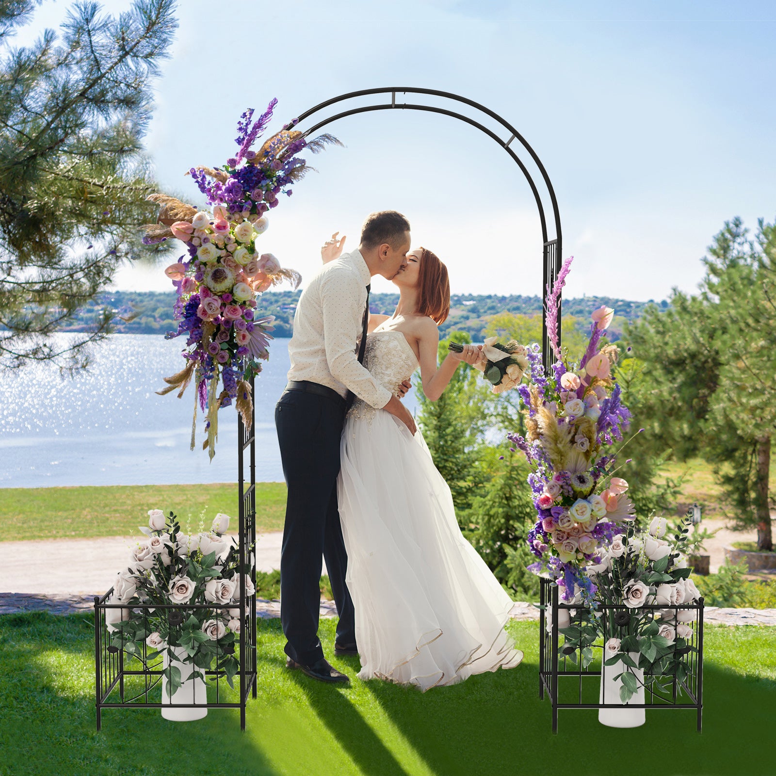 2 in 1 Garden Arbor with 2 Side Planters and 8 Ground Stakes, Black Outdoor Grills at Gallery Canada