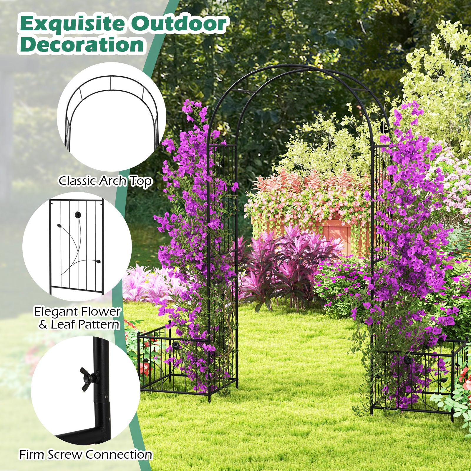 2 in 1 Garden Arbor with 2 Side Planters and 8 Ground Stakes, Black Outdoor Grills at Gallery Canada
