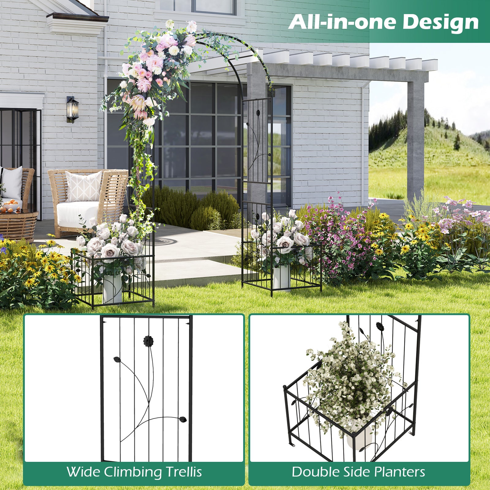 2 in 1 Garden Arbor with 2 Side Planters and 8 Ground Stakes, Black Outdoor Grills at Gallery Canada