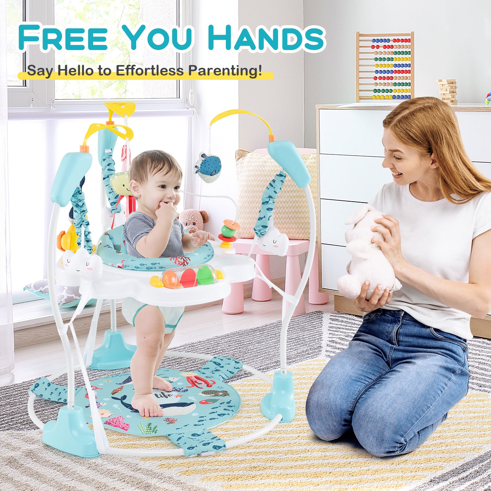 Baby Activity Center Height Adjustable Baby Bouncing Saucer with Interactive Toys, Light Blue Baby Gyms & Playmats at Gallery Canada