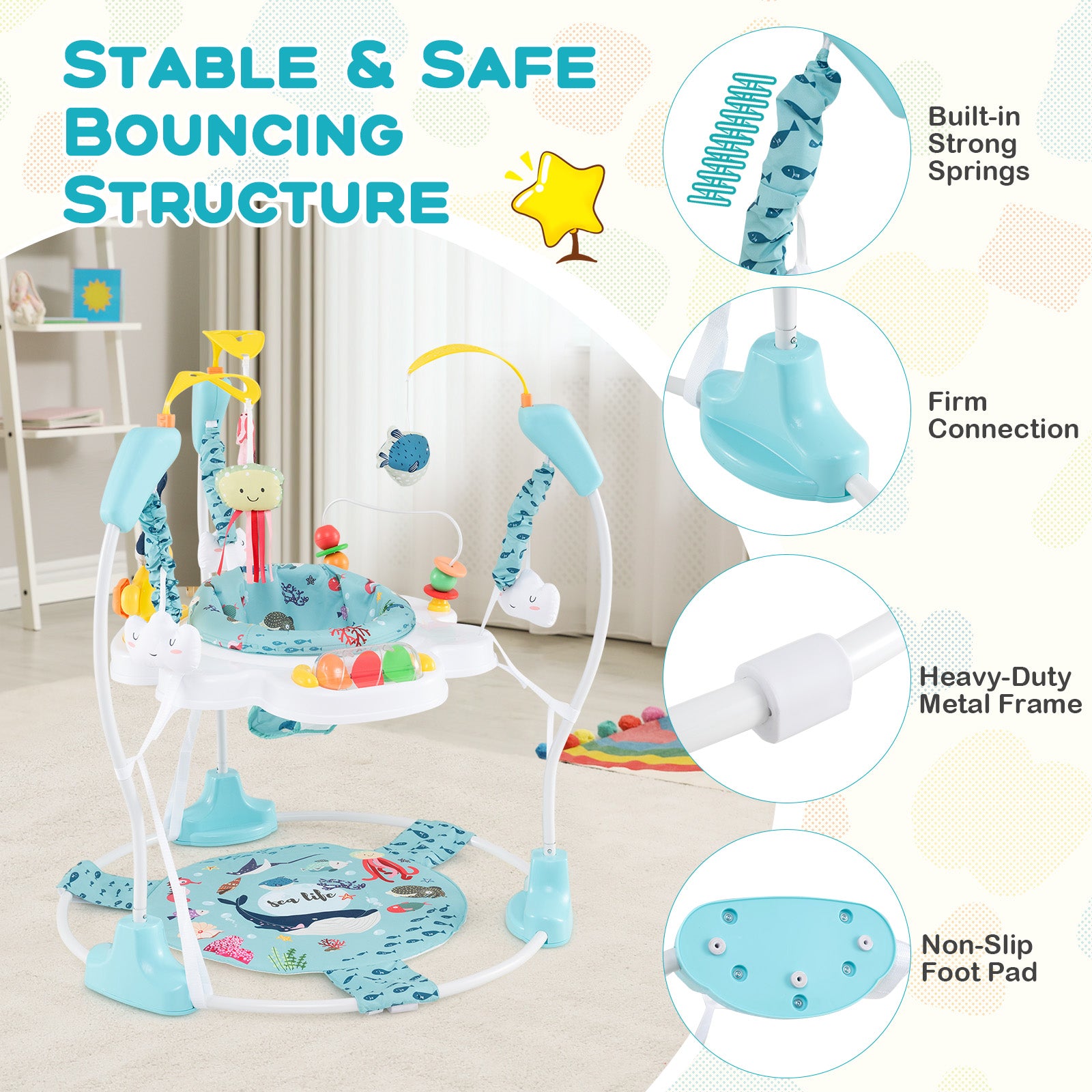 Baby Activity Center Height Adjustable Baby Bouncing Saucer with Interactive Toys, Light Blue Baby Gyms & Playmats at Gallery Canada