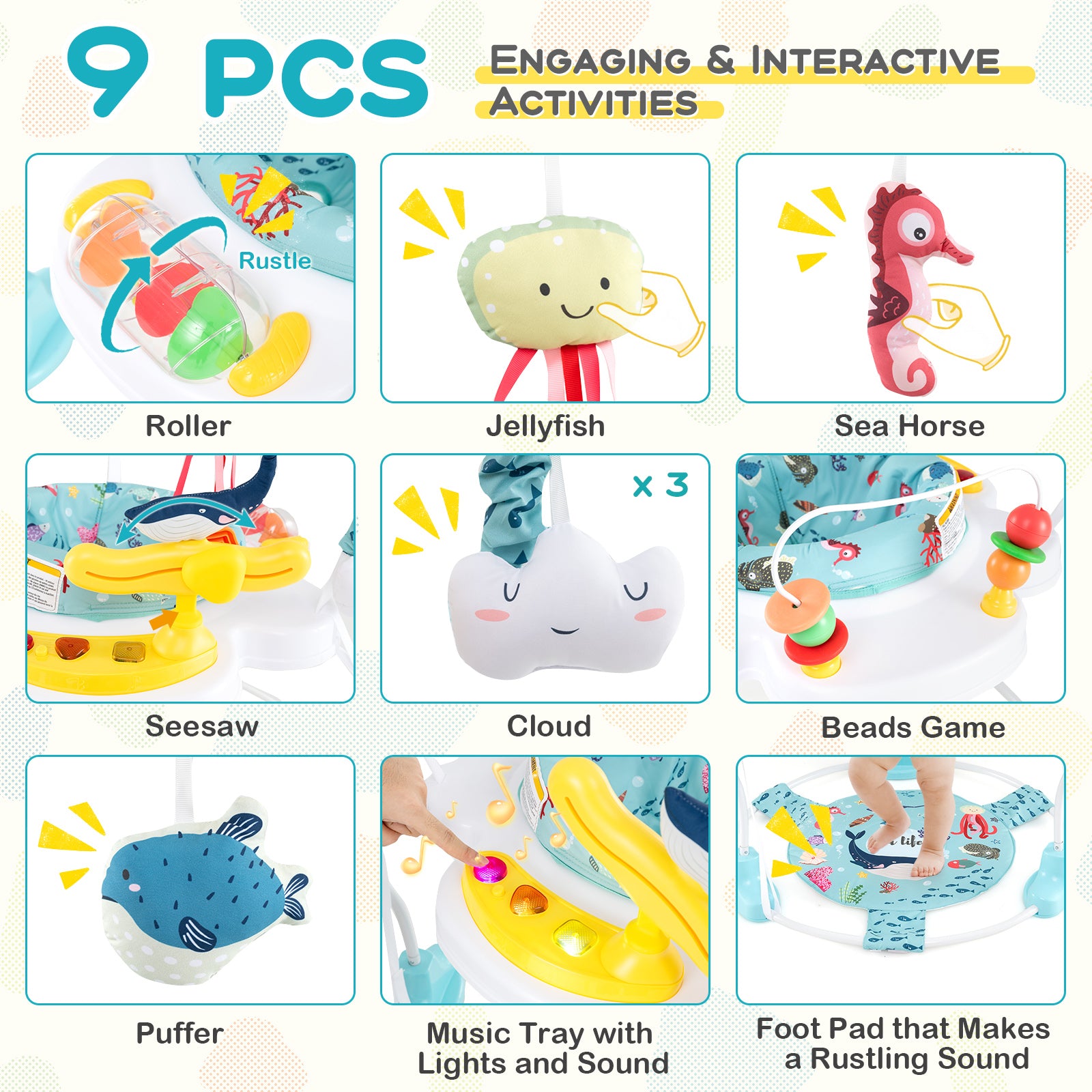 Baby Activity Center Height Adjustable Baby Bouncing Saucer with Interactive Toys, Light Blue Baby Gyms & Playmats at Gallery Canada