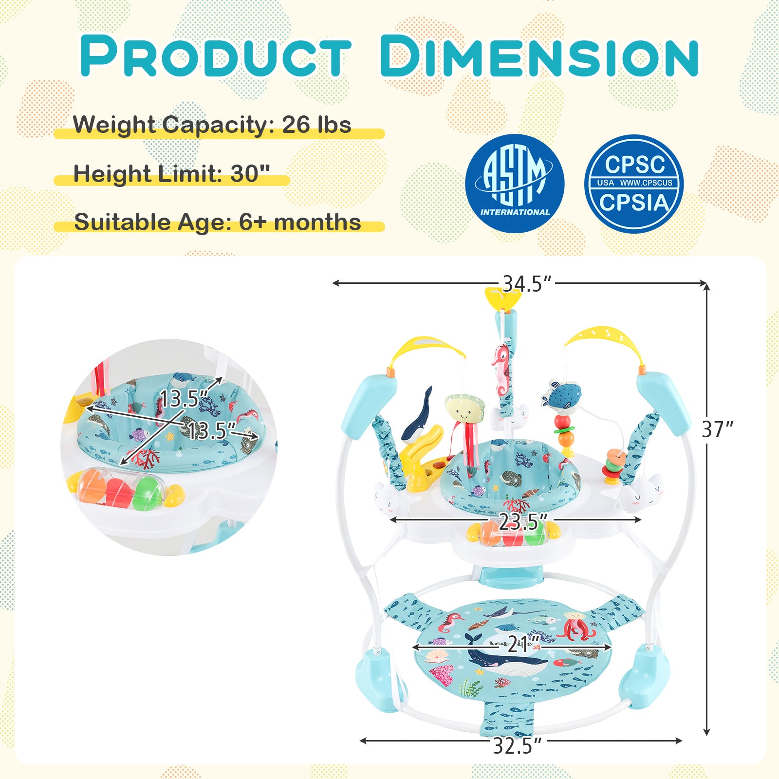 Baby Activity Center Height Adjustable Baby Bouncing Saucer with Interactive Toys, Light Blue Baby Gyms & Playmats at Gallery Canada