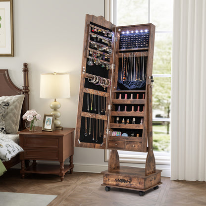 Rolling Floor Standing Mirrored Jewelry Armoire with Lock and Drawers, Rustic Brown Jewelry Armoires at Gallery Canada