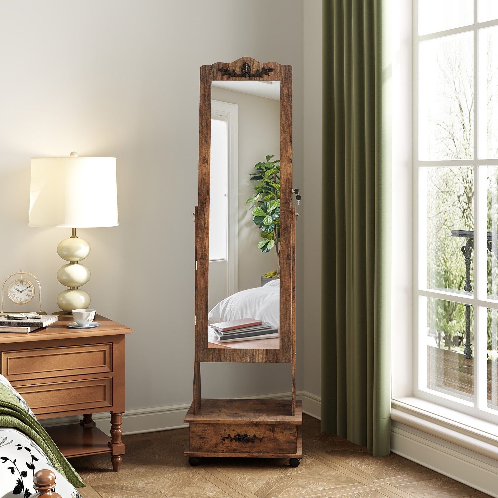 Rolling Floor Standing Mirrored Jewelry Armoire with Lock and Drawers, Rustic Brown Jewelry Armoires at Gallery Canada