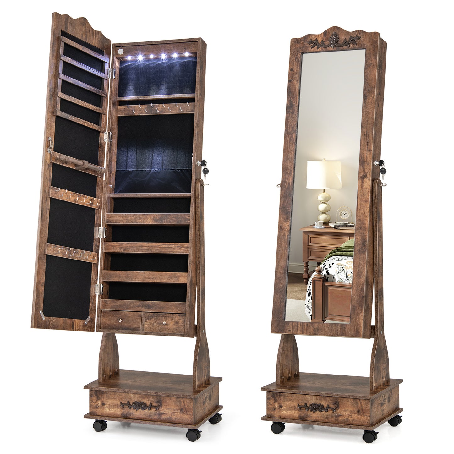 Rolling Floor Standing Mirrored Jewelry Armoire with Lock and Drawers, Rustic Brown Jewelry Armoires Rustic Brown at Gallery Canada