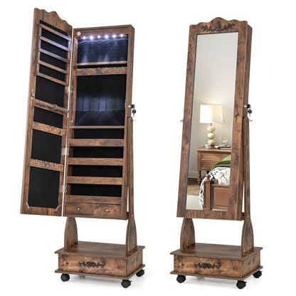 Rolling Floor Standing Mirrored Jewelry Armoire with Lock and Drawers, Rustic Brown Jewelry Armoires Rustic Brown at Gallery Canada