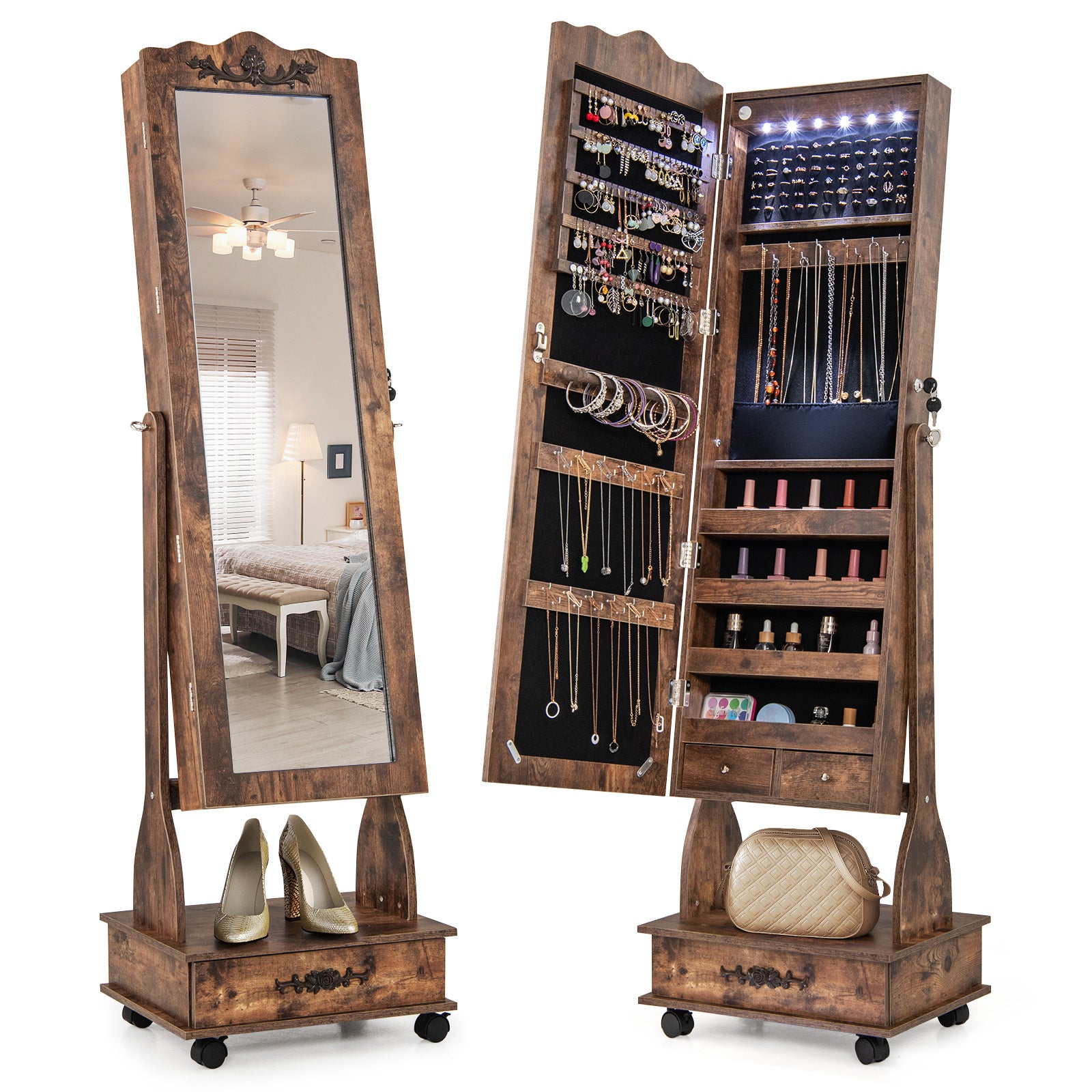 Rolling Floor Standing Mirrored Jewelry Armoire with Lock and Drawers, Rustic Brown Jewelry Armoires at Gallery Canada