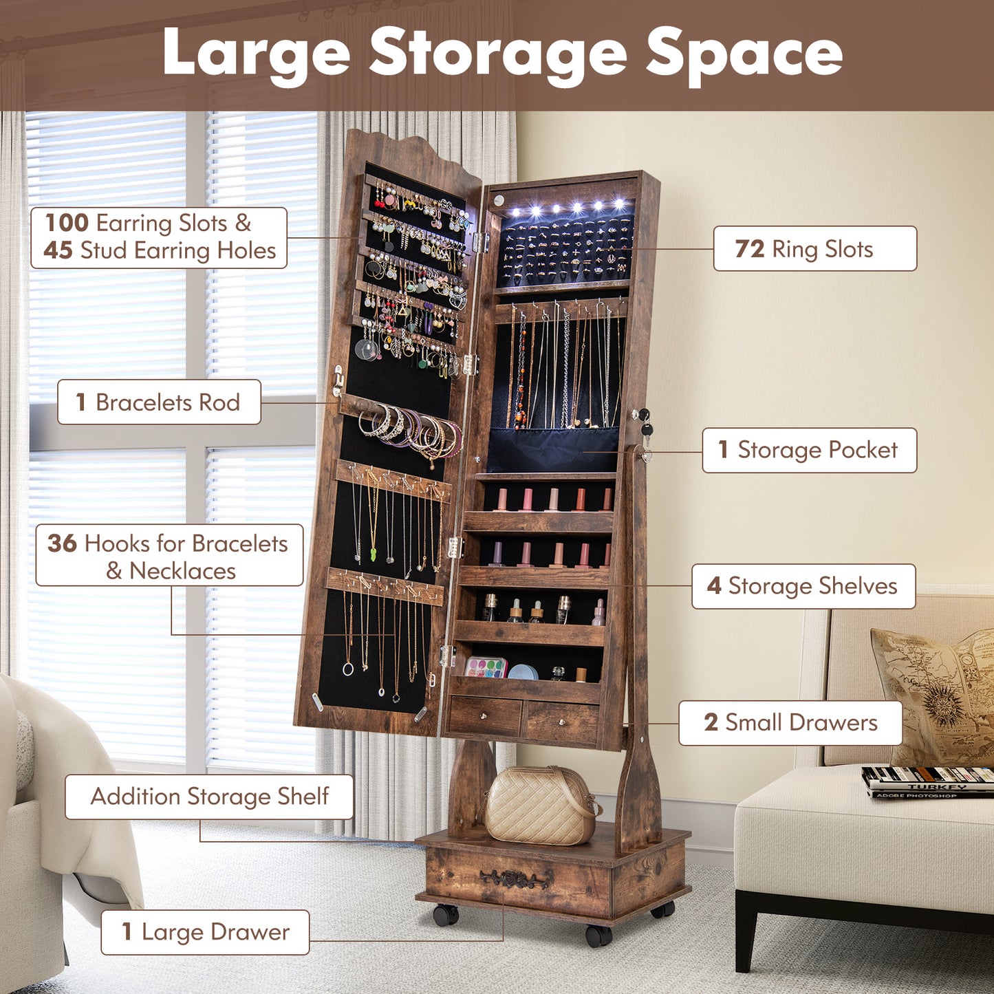 Rolling Floor Standing Mirrored Jewelry Armoire with Lock and Drawers, Rustic Brown Jewelry Armoires at Gallery Canada