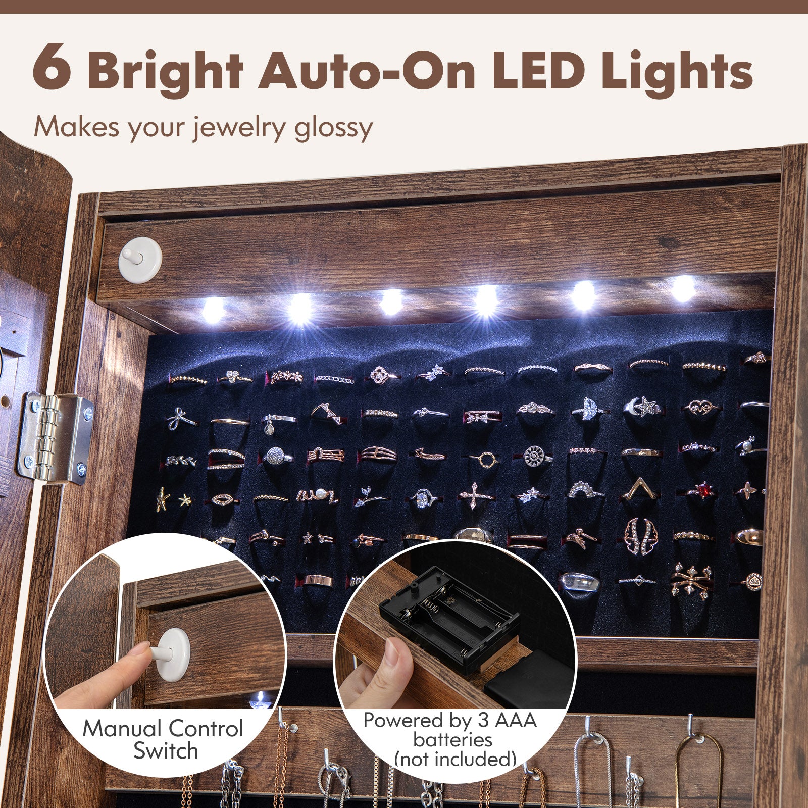 Rolling Floor Standing Mirrored Jewelry Armoire with Lock and Drawers, Rustic Brown Jewelry Armoires at Gallery Canada