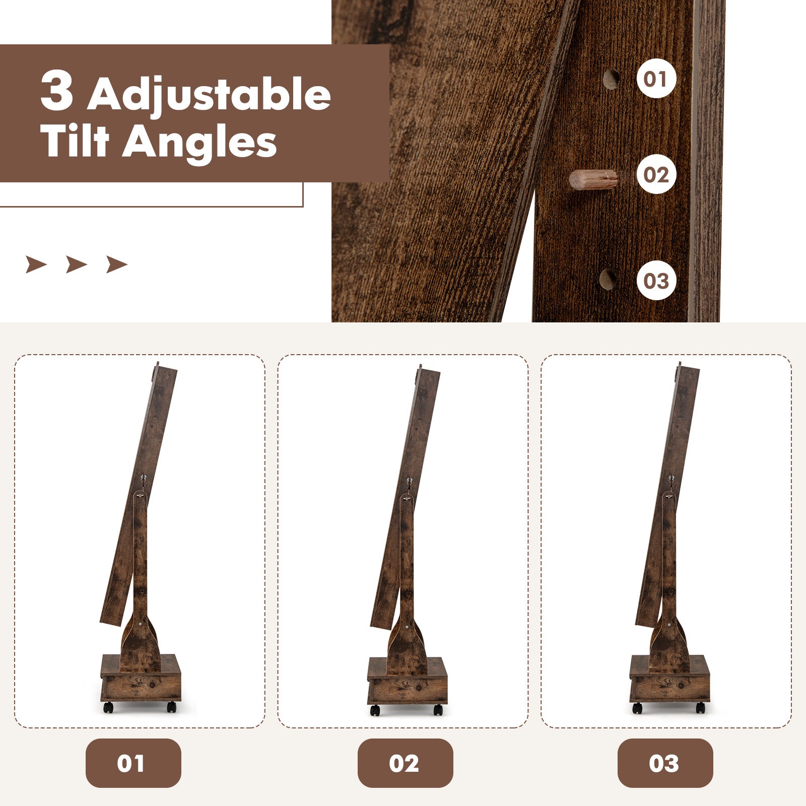 Rolling Floor Standing Mirrored Jewelry Armoire with Lock and Drawers, Rustic Brown Jewelry Armoires at Gallery Canada