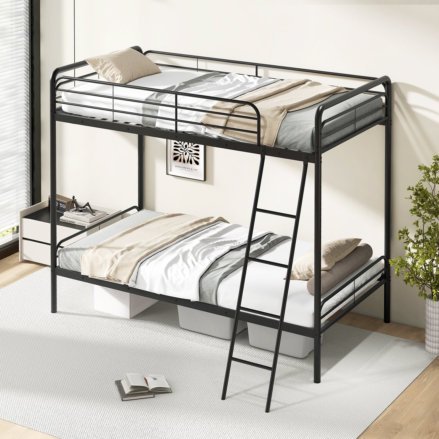 Heavy Duty Metal Bunk Bed with Ladder and Safety Guardrails, Black Trundle Bed Frame at Gallery Canada
