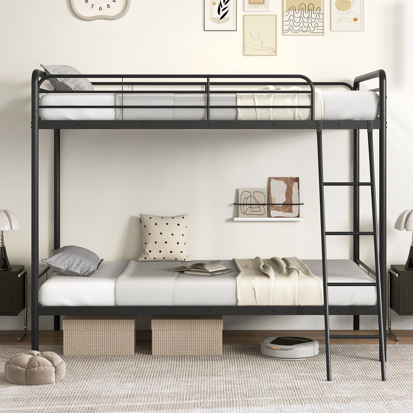 Heavy Duty Metal Bunk Bed with Ladder and Safety Guardrails, Black Trundle Bed Frame at Gallery Canada