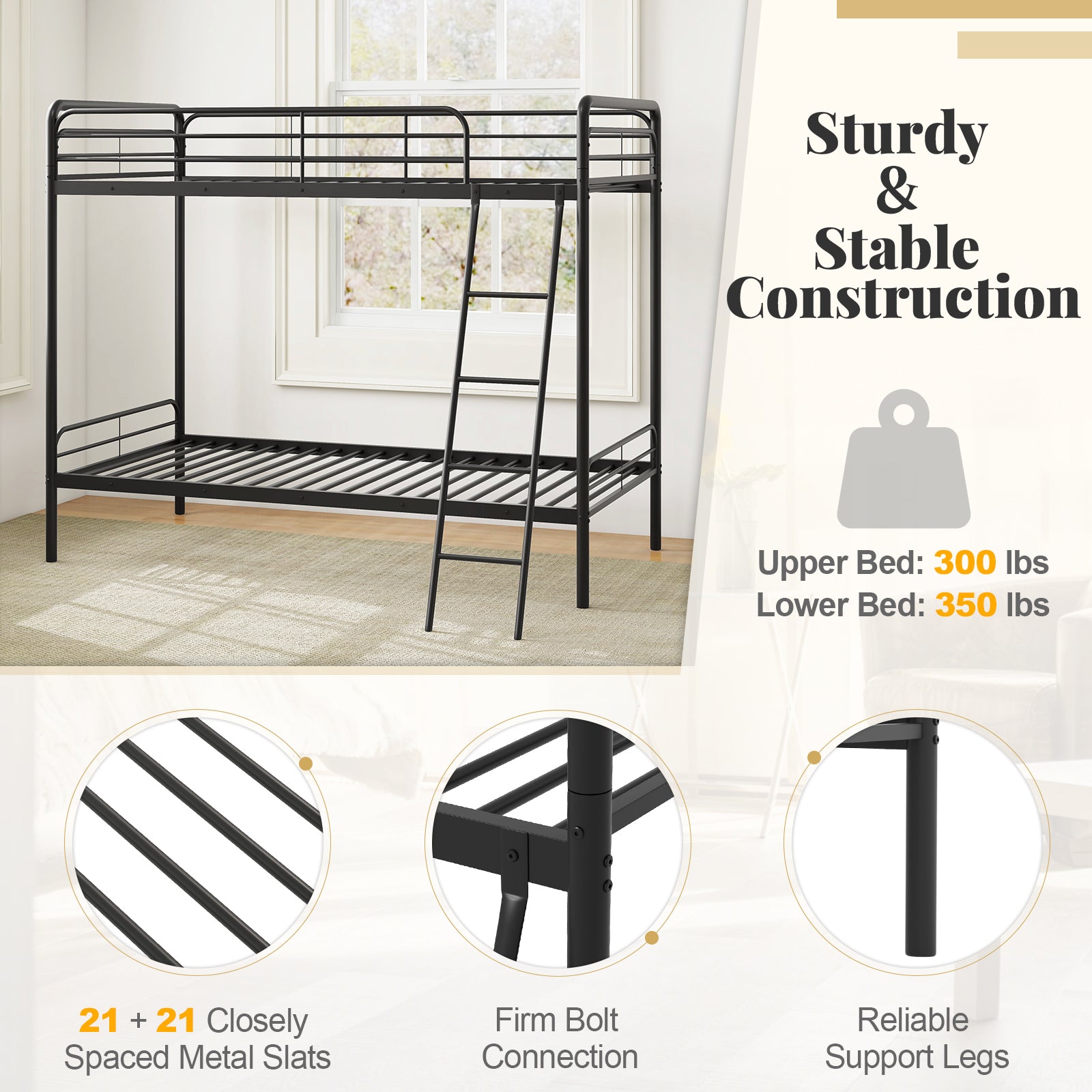 Heavy Duty Metal Bunk Bed with Ladder and Safety Guardrails, Black Trundle Bed Frame at Gallery Canada