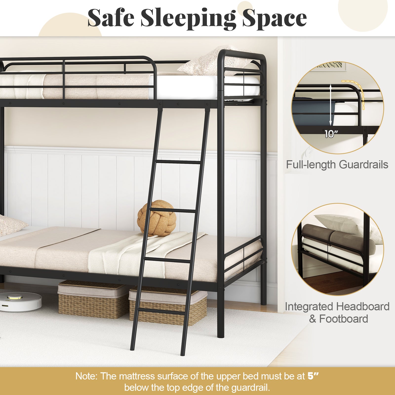 Heavy Duty Metal Bunk Bed with Ladder and Safety Guardrails, Black Trundle Bed Frame at Gallery Canada