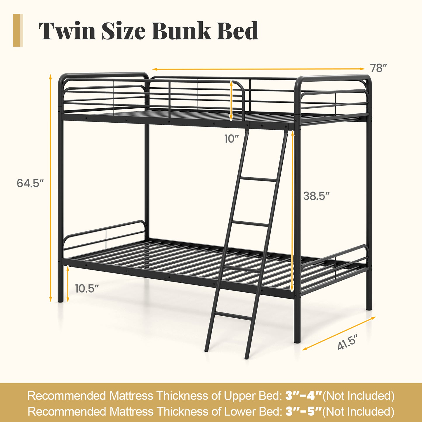 Heavy Duty Metal Bunk Bed with Ladder and Safety Guardrails, Black Trundle Bed Frame at Gallery Canada
