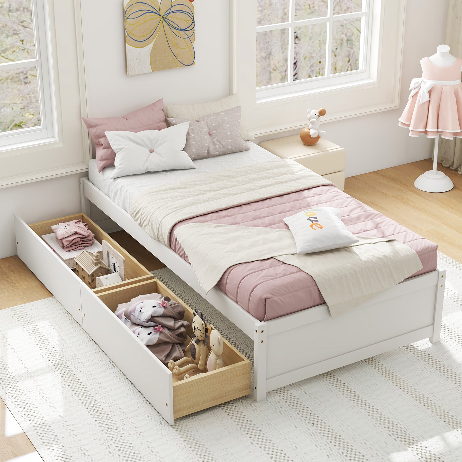 Twin Size Captain Bed with 2 Drawers and Slats Support, White Simple Bed Frame at Gallery Canada