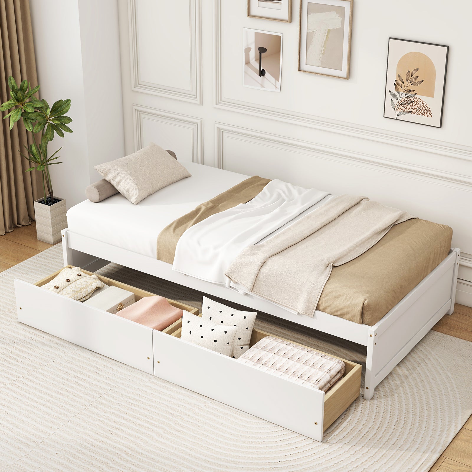 Twin Size Captain Bed with 2 Drawers and Slats Support, White Simple Bed Frame at Gallery Canada