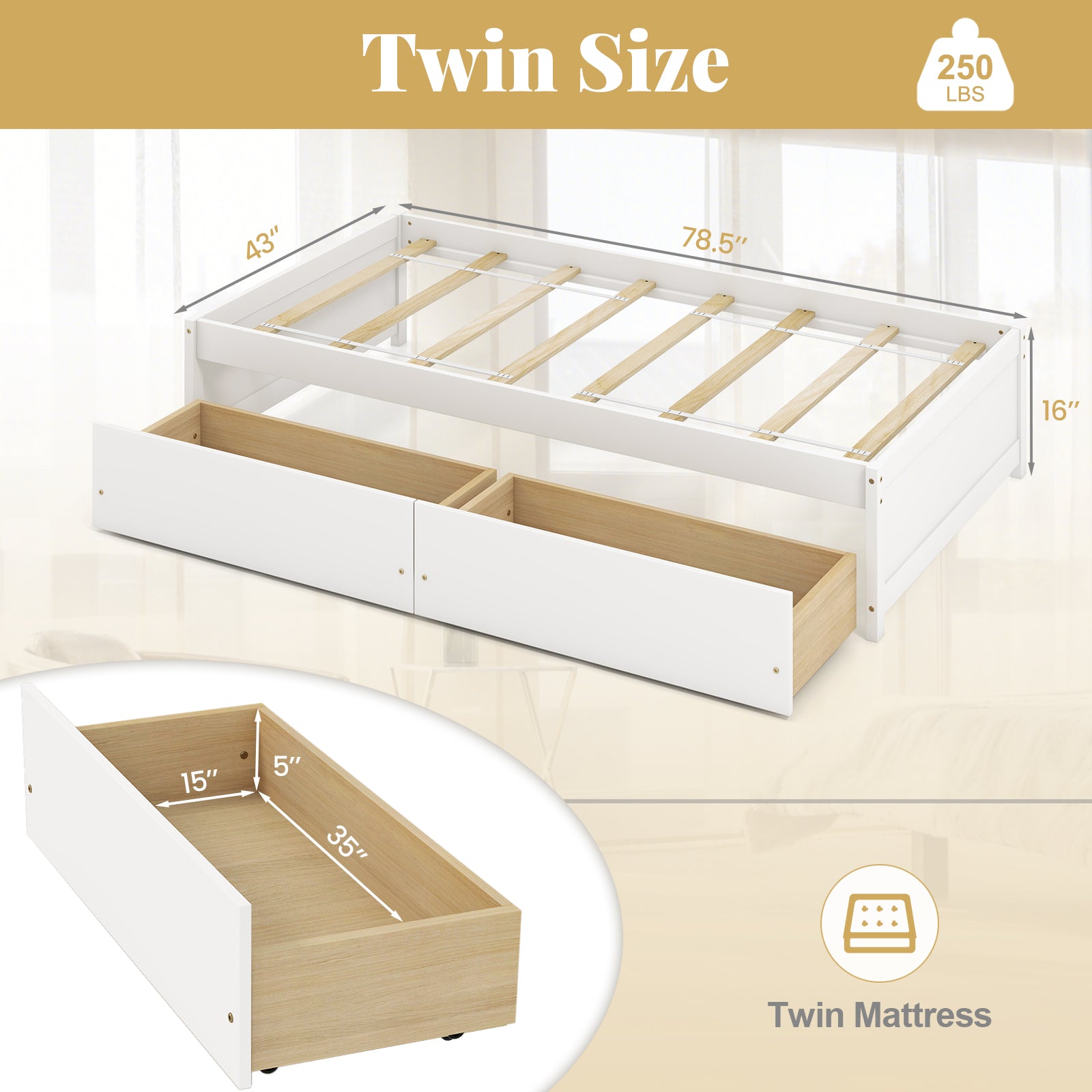Twin Size Captain Bed with 2 Drawers and Slats Support, White Simple Bed Frame at Gallery Canada