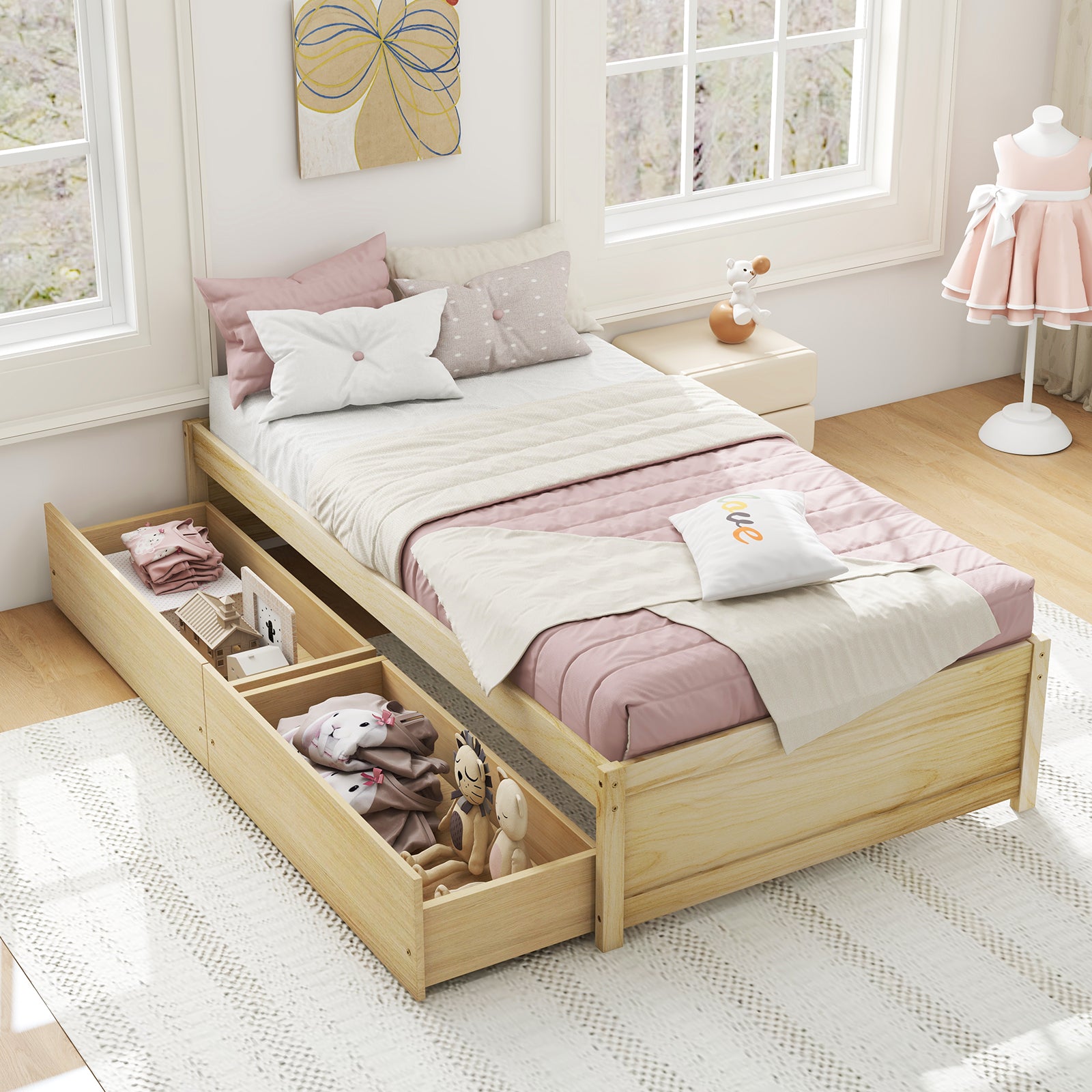 Twin Size Captain Bed with 2 Drawers and Slats Support, Natural Simple Bed Frame at Gallery Canada