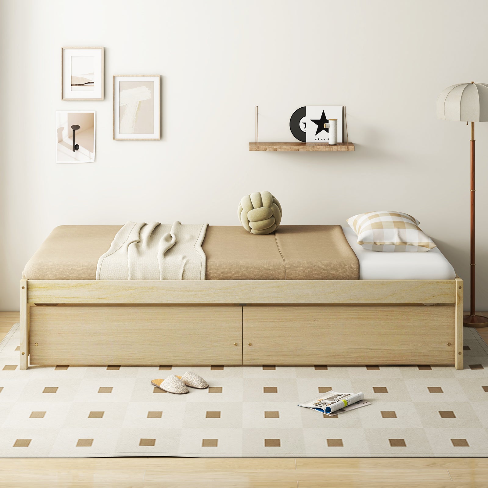 Twin Size Captain Bed with 2 Drawers and Slats Support, Natural Simple Bed Frame at Gallery Canada